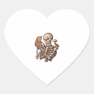 Sticker Cœur Drôle Squelette tenant un chat Lazy Halloween Cost