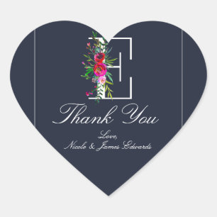 Sticker Cœur E Monogramme Dernier initial bleu Floral Mariage