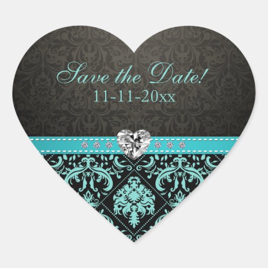 Sticker Cœur Elégant Aqua Blue / Black Damask "Save the Date" (Devant)