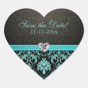 Sticker Cœur Elégant Aqua Blue / Black Damask "Save the Date"