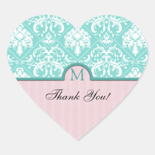 Sticker Cœur Elégant Aqua Merci bleu et rose Damas