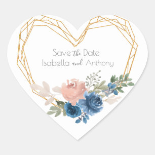 Sticker Cœur Elégant Blue Gold Heart Floral Names Mariage