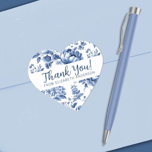 Sticker Cœur Elegant Blue Vintage Rose Floral Thank You