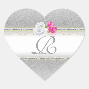 Sticker Cœur Élégant Damas d'argent et Monogramme rose