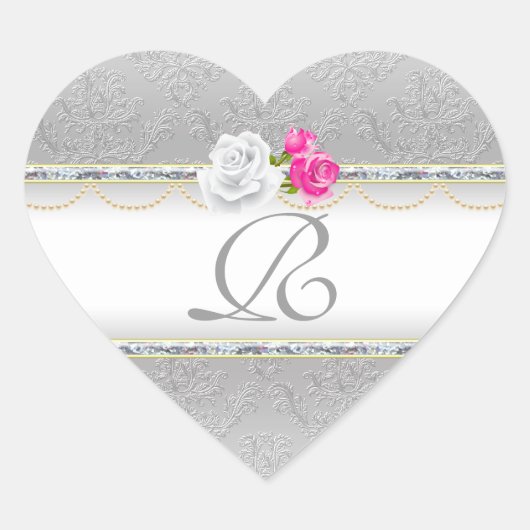 Sticker Cœur Élégant Damas d'argent et Monogramme rose (Devant)