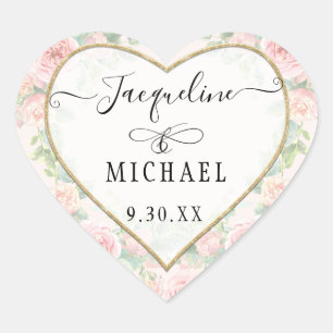 Sticker Cœur Élégant Gold Heart Script Blush Rose Floral Feuill