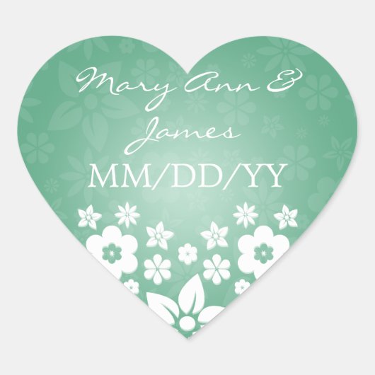 Sticker Cœur Elégant Mariage Date Fleur Coeur Mint Vert (Devant)