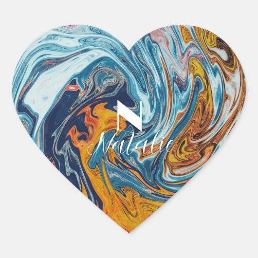 Sticker Cœur Élégant Monogramme bleu or (Devant)