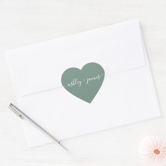 Sticker Cœur Elegant Names Dusty Green Wedding Seal (Enveloppe)