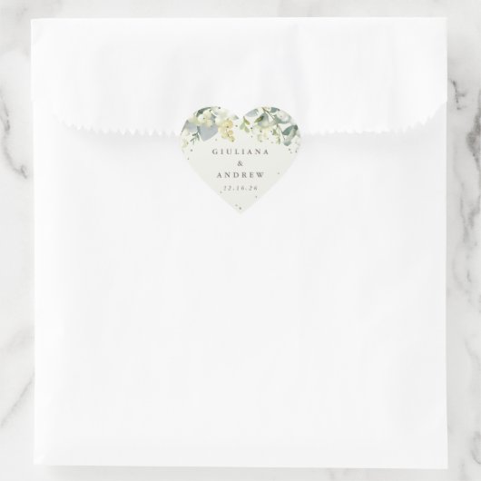 Sticker Cœur Elégante crème Snowberry+Eucalyptus Wreath Mariage (Sac)