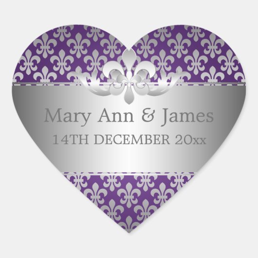 Sticker Cœur Elégante Date De Mariage Fleur De Lis Violet (Devant)