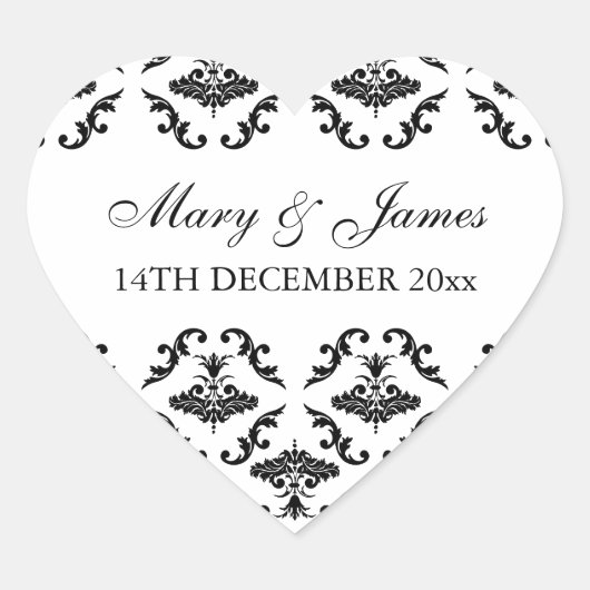 Sticker Cœur Elégante Date de mariage Noir Damas (Devant)