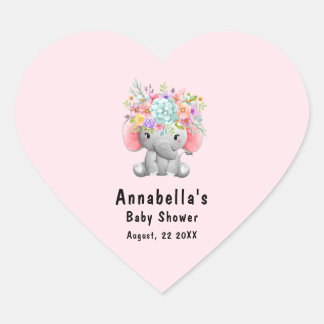 Sticker Cœur Éléphant avec Fleurs  Baby Shower 