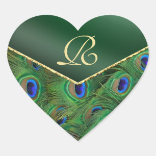 Sticker Cœur Émeraude Vert Peacock Monogramme Enveloppe Sceau