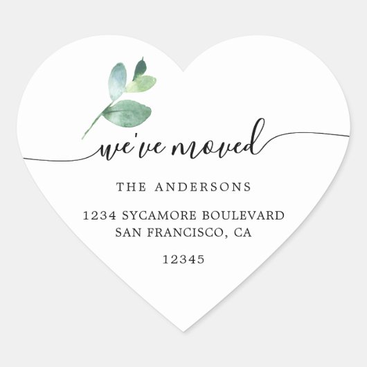 Sticker Cœur Eucalyptus Calligraphy We’ve Moved New Address (Devant)