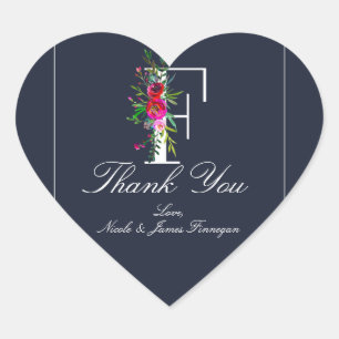 Sticker Cœur F Monogramme Dernier initial bleu Floral Mariage