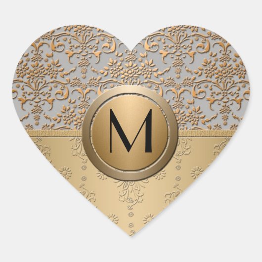 Sticker Cœur Fancy Simulated Or et Argent Monogramme Damask (Devant)