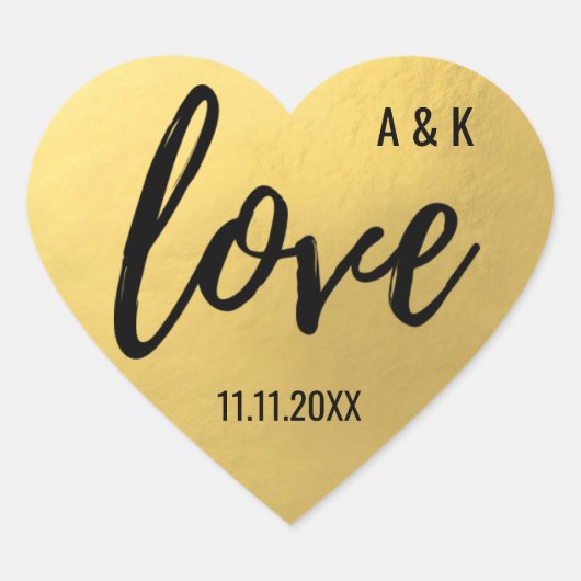 Sticker Cœur Faux Gold Foil LOVE Script Mariage noir (Devant)