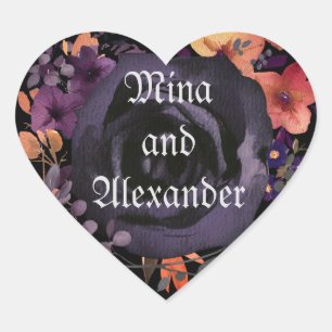 Sticker Cœur Faveur de mariage Black Rose Floral Hallowedding