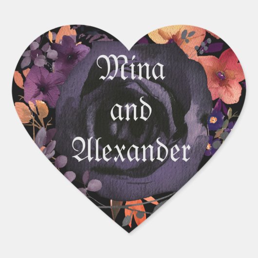 Sticker Cœur Faveur de mariage Fleurale Rose Noir (Devant)