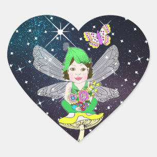 Sticker Cœur Fée Whimsical Little Elf, champignons et papillon