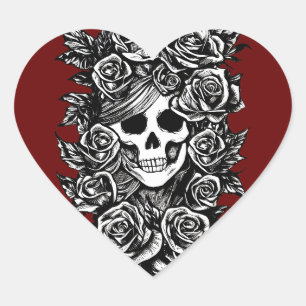 Sticker Cœur Female Skull Roses Goth Original ink drawing Art