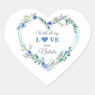 Sticker Cœur Fête des mariées romantique Bleu Floral Aquarelle