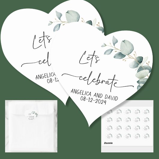 Sticker Cœur Fêtons le nom date eucalyptus moderne