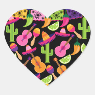 Sticker Cœur Fiesta Party Sombrero Cactus Lims Peppers Maracas