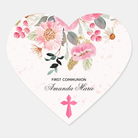Sticker Cœur Fille première communion aquarelle rose floral (Devant)