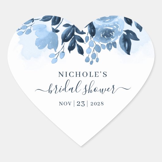 Sticker Cœur Fleurs Aquarelle Écriture Bleu Nuit Mariage (Devant)