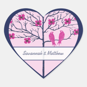 Sticker Cœur Fleurs de cerisier Navy & Fuchsia Love Birds