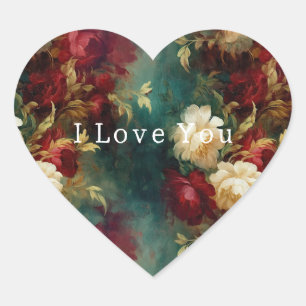 Sticker Cœur Fleurs rouges blanches vertes