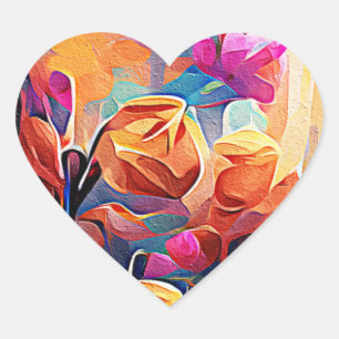 Sticker Cœur Floral Abstract Art Orange Red Blue Flowers