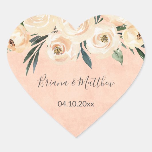 Sticker Cœur Floral Beige Blush sur mariage rose Faveurs (Devant)