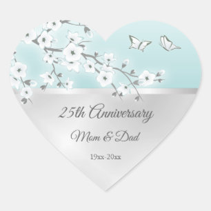 Sticker Cœur Floral Cherry Blossoms Argent 25e anniversaire