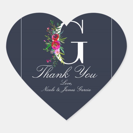 Sticker Cœur G Monogramme Dernier initial bleu Floral Mariage (Devant)