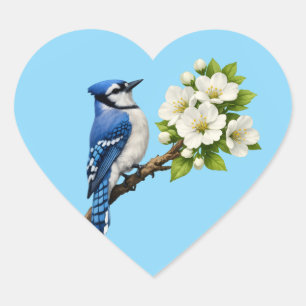Sticker Cœur Geai bleu avec des fleurs blanches