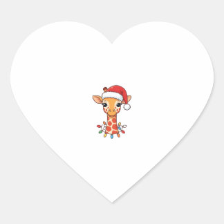 Sticker Cœur Girafe de Noël chapeau de Père Noël et lumières co