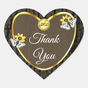 Sticker Cœur Grain de bois marron foncé or et logo Cute Merci