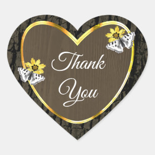 Sticker Cœur Grain de bois rustique brun foncé or Cute Merci