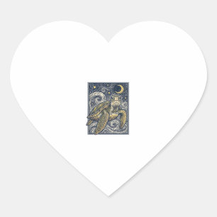 Sticker Cœur Gravure ancienne tortue marine nuit étoilée