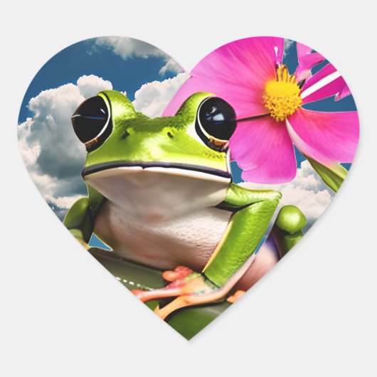 Sticker Cœur Grenouille mûre sur une branche de fleurs roses av (Devant)