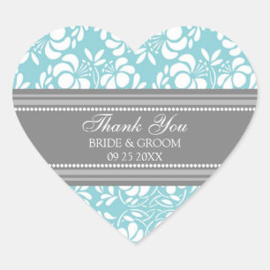 Sticker Cœur Gris Bleu Damas Merci Mariage Faveur Tags