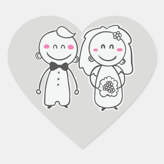 Sticker Cœur Gris et rose Mariage Cartoon Bride et Groom (Devant)