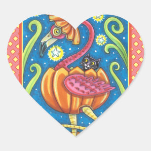 STICKER CŒUR HALLOWEEN FLAMANT ROSE ROSE & CHAT NOIR EN CITROUI