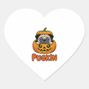 Sticker Cœur Halloween Pugkin, chien Citrouille Carlin