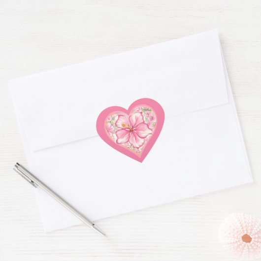 Sticker Cœur Hibiscus & dentelle PINK (Enveloppe)