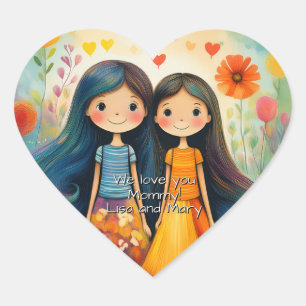 Sticker Cœur Illustration fantaisiste de deux filles pour la fê