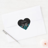 Sticker Cœur Impression Zèbre Noir Et Turquoise Avec Ruban (Enveloppe)